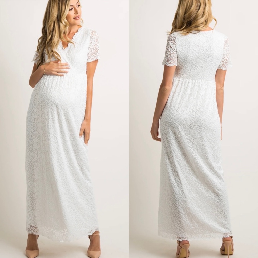 NWT Pink Blush White Lace Overlay Maternity Maxi Dress